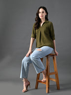 Myshka Women's Classic Olive Green V-Neck Full Sleeve Top For Daily Wear