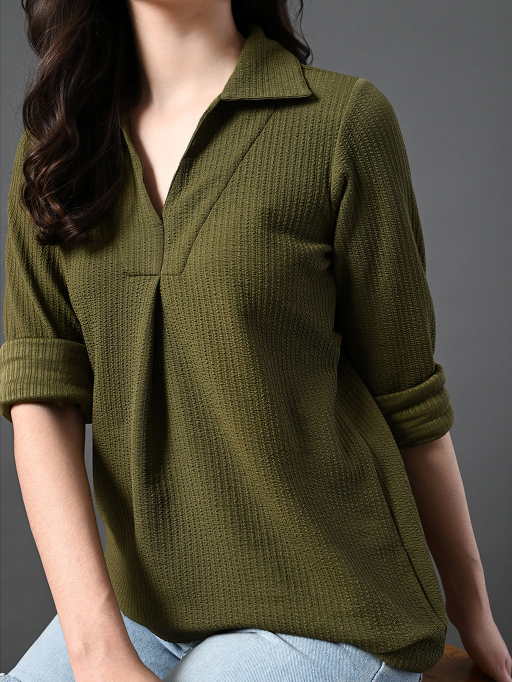 Myshka Women's Classic Olive Green V-Neck Full Sleeve Top For Daily Wear