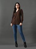 Myshka Women's Classic Coffe Brown V-Neck Full Sleeve Top For Daily Wear