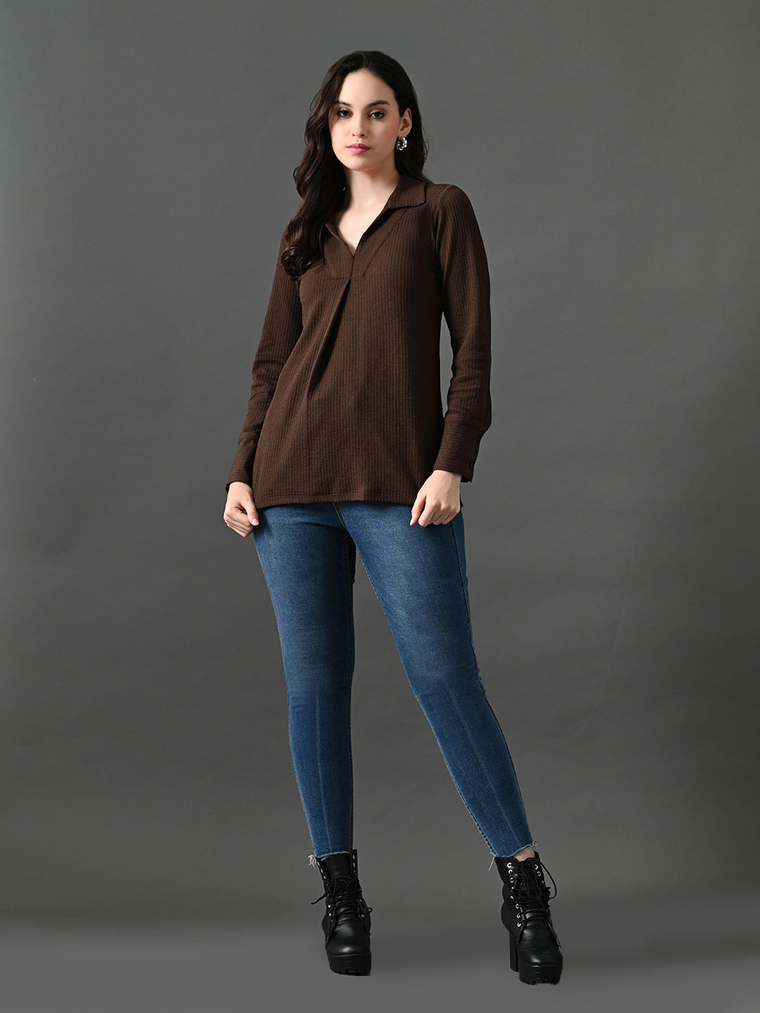 Myshka Women's Classic Coffe Brown V-Neck Full Sleeve Top For Daily Wear