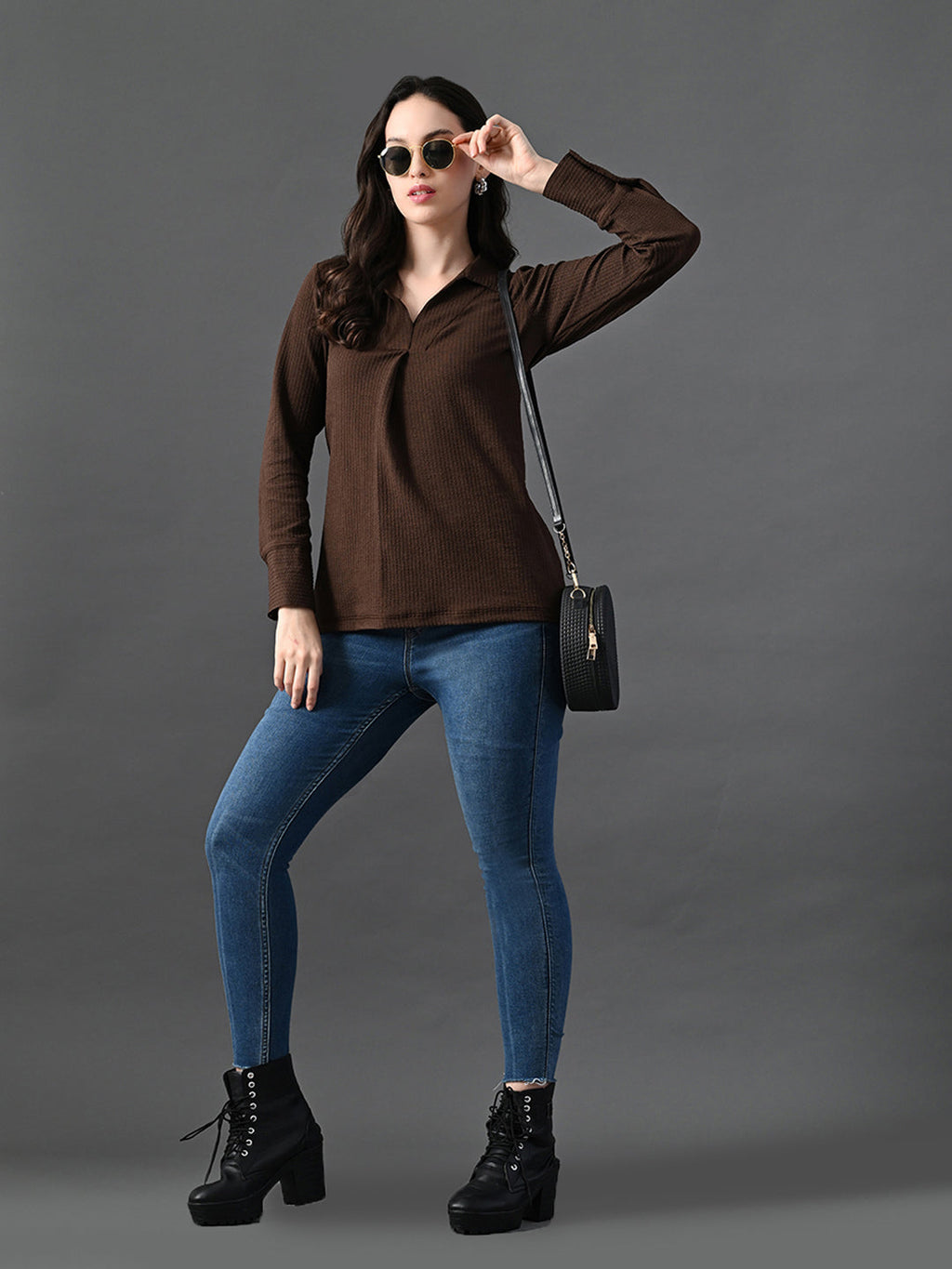 Myshka Women's Classic Coffe Brown V-Neck Full Sleeve Top For Daily Wear