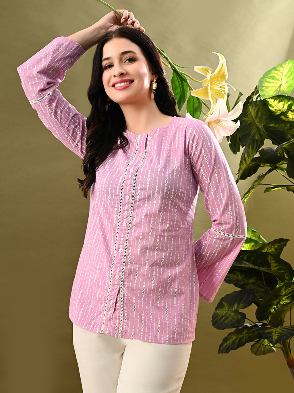 Myshka Women's Pink Printed Tunic With Lace