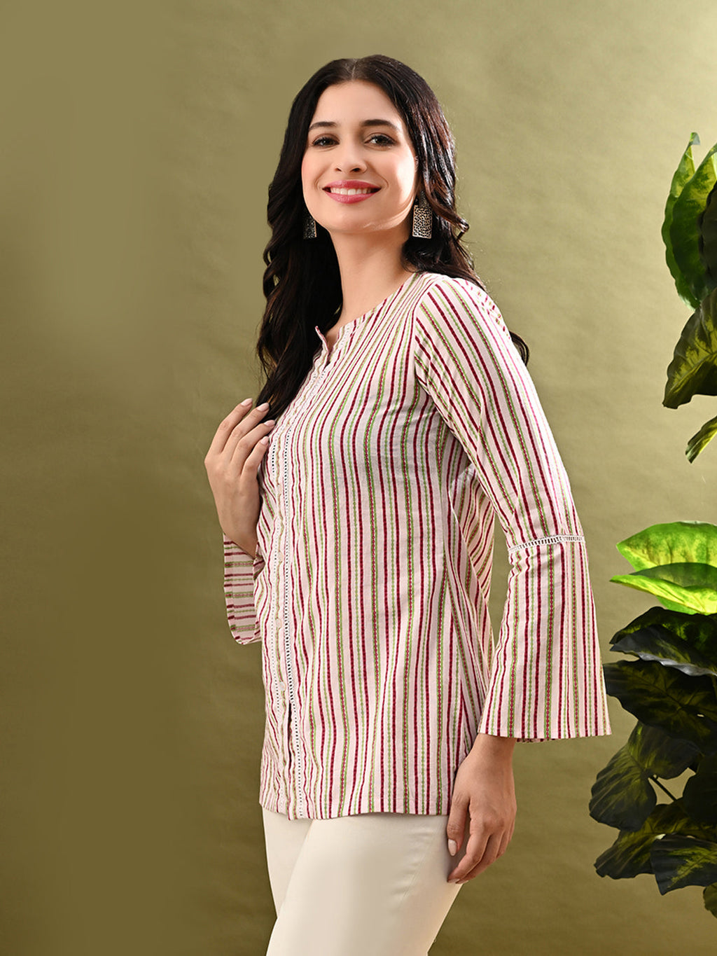 Myshka Women's Multi Stripe Printed Tunic With Lace