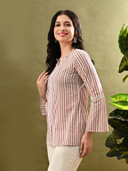 Myshka Women's Multi Stripe Printed Tunic With Lace