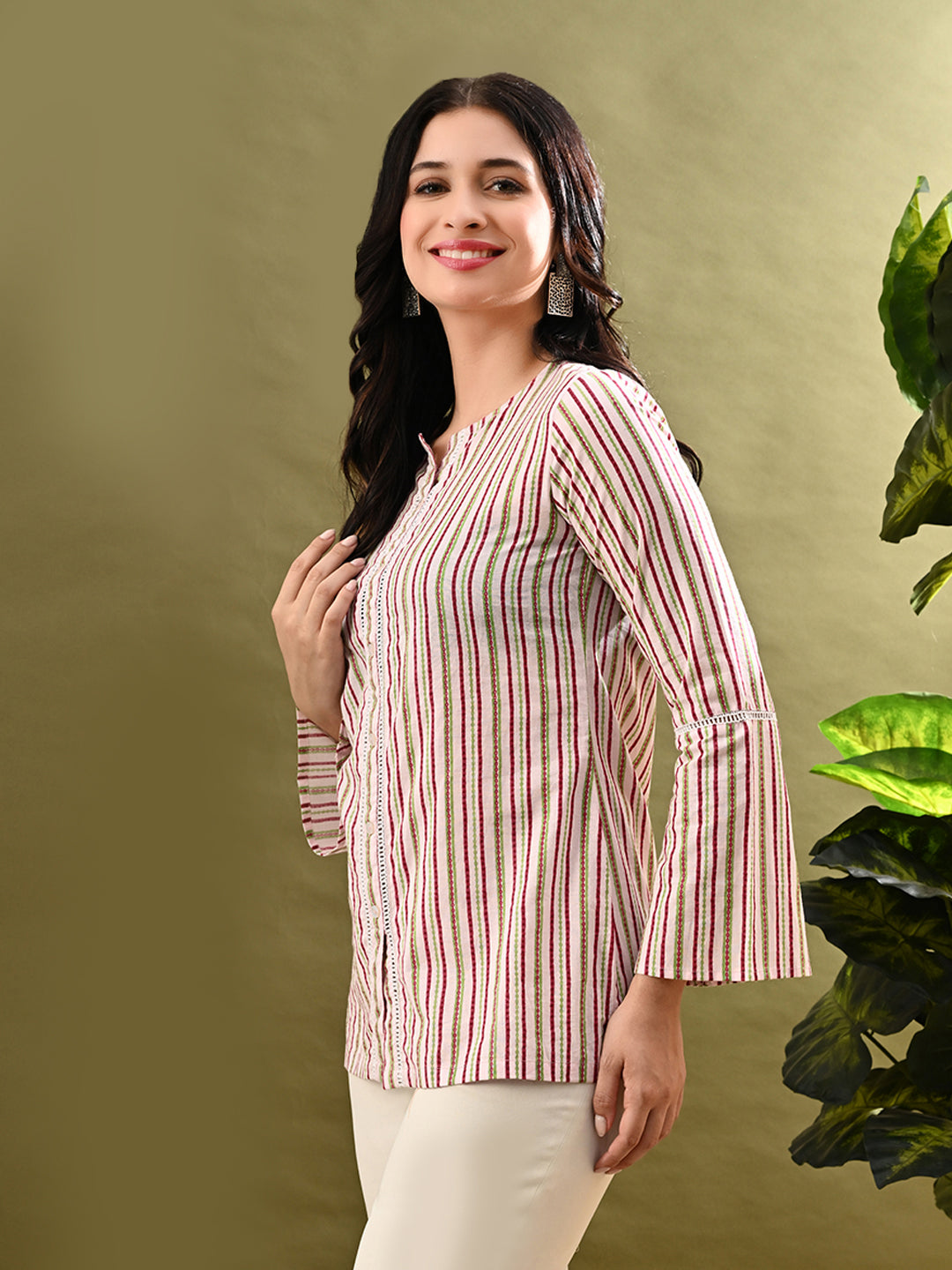 Myshka Women's Multi Stripe Printed Tunic With Lace