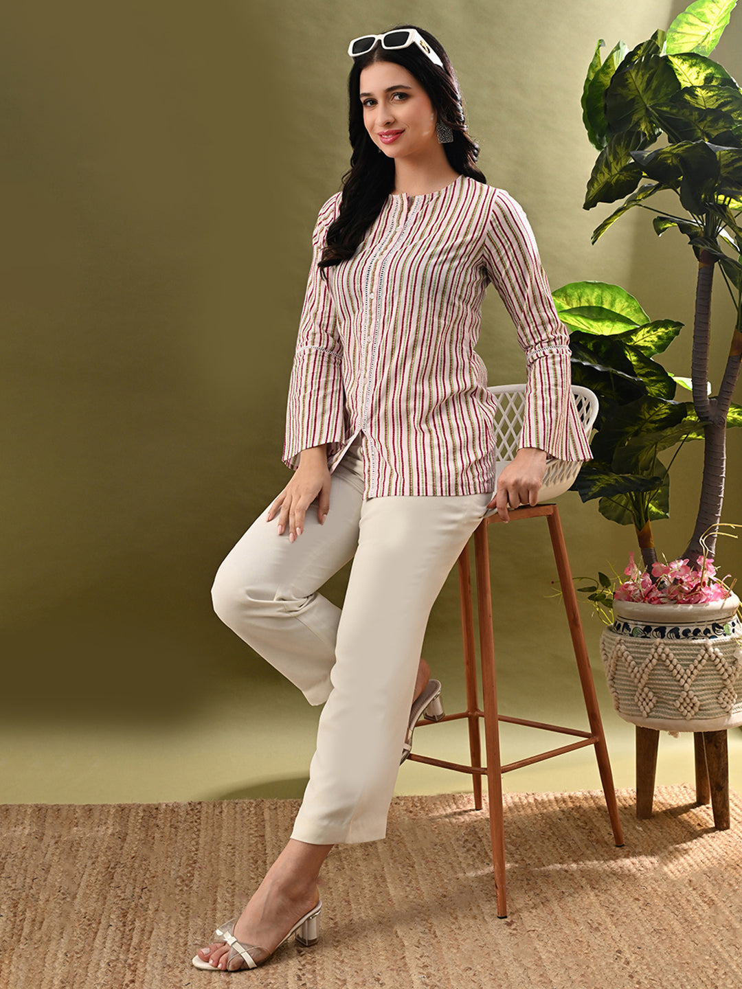 Myshka Women's Multi Stripe Printed Tunic With Lace