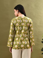 Myshka Women's Green Flower Printed Tunic With Lace