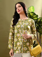 Myshka Women's Green Flower Printed Tunic With Lace