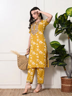 Myshka Women's Cotton Yellow Printed Kurta Set