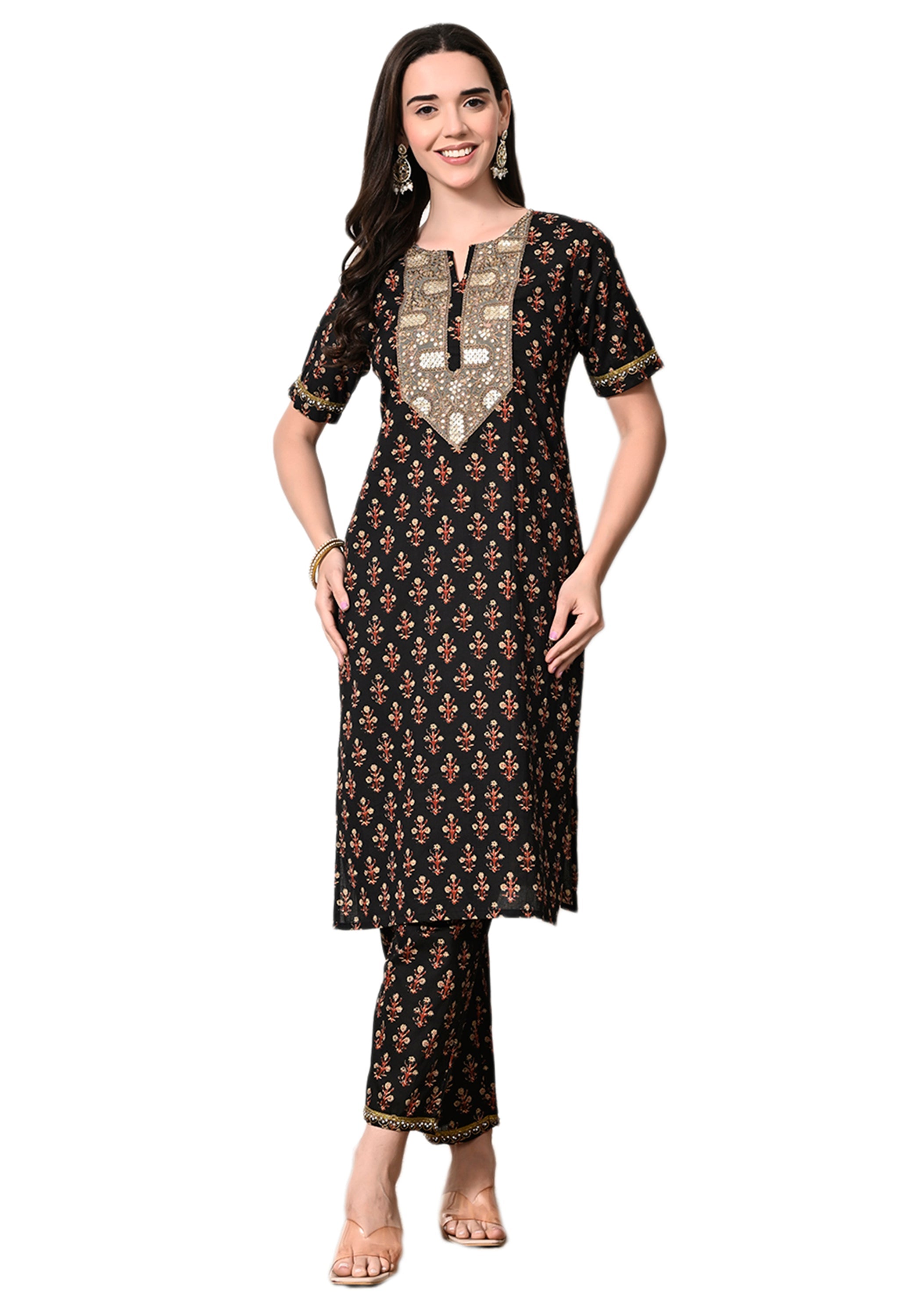 Myshka Women's Cotton Black Printed Kurta Set