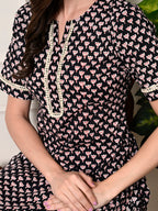 Myshka Women's Cotton Black Printed Kurta Set