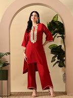 Myshka Women's Embroidered Keyhole Neck Bell Sleeves Kurta & Palazzos Set With Dupattas In Red Colour - Distacart