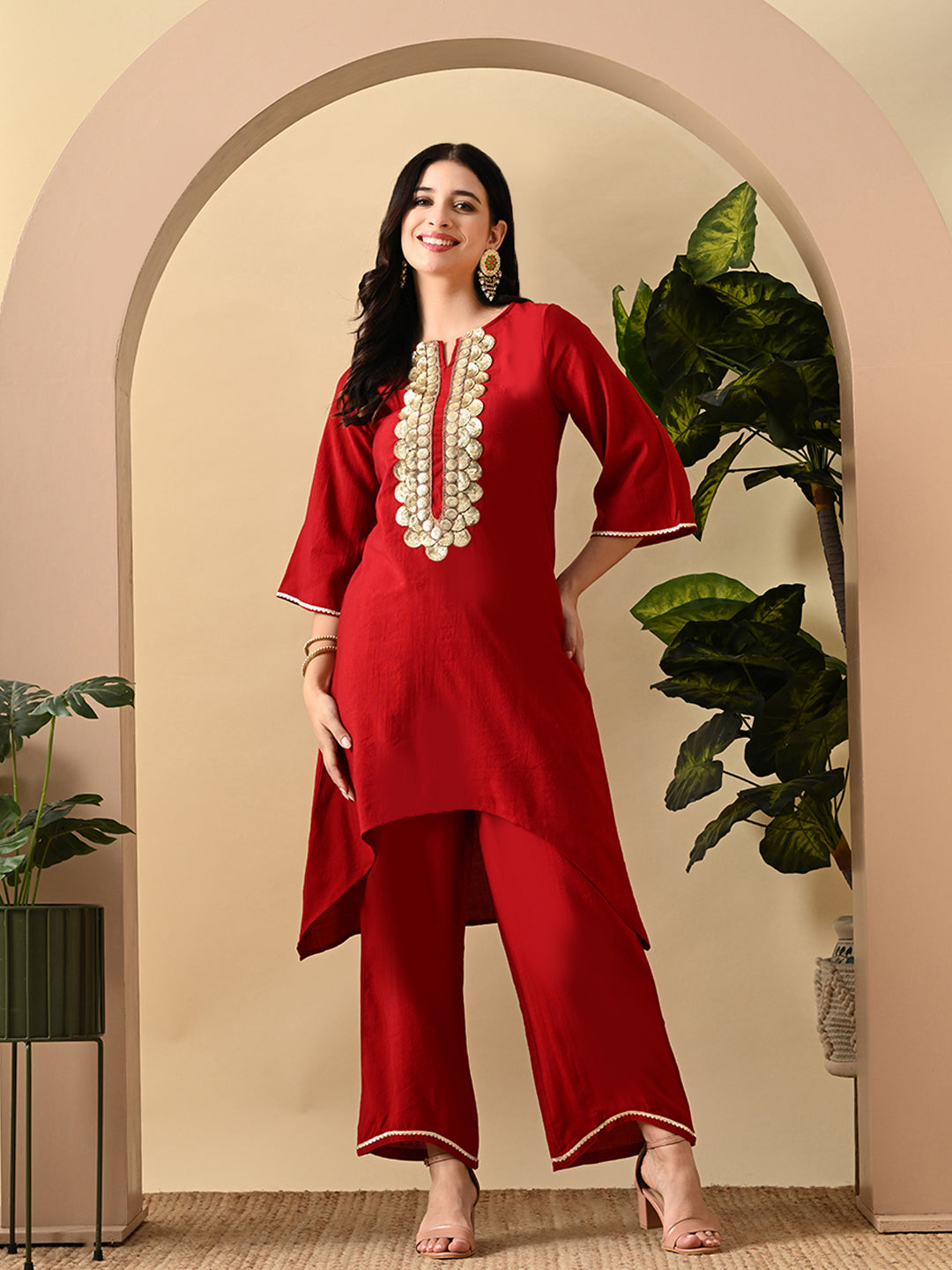 Myshka Women's Embroidered Keyhole Neck Bell Sleeves Kurta & Palazzos Set With Dupattas In Red Colour - Distacart