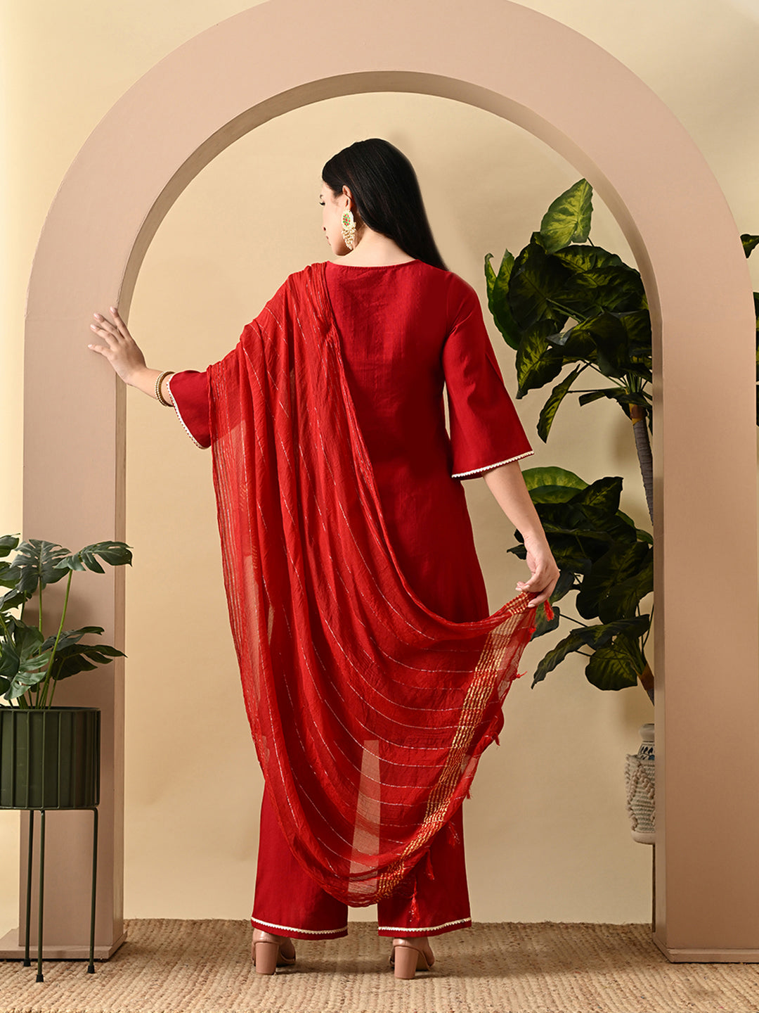 Myshka Women's Embroidered Keyhole Neck Bell Sleeves Kurta & Palazzos Set With Dupattas In Red Colour - Distacart