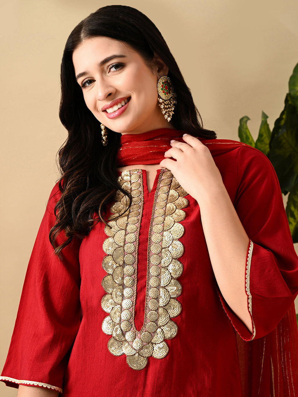 Myshka Women's Embroidered Keyhole Neck Bell Sleeves Kurta & Palazzos Set With Dupattas In Red Colour - Distacart
