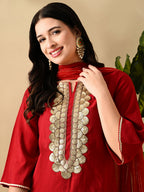 Myshka Women's Embroidered Keyhole Neck Bell Sleeves Kurta & Palazzos Set With Dupattas In Red Colour - Distacart