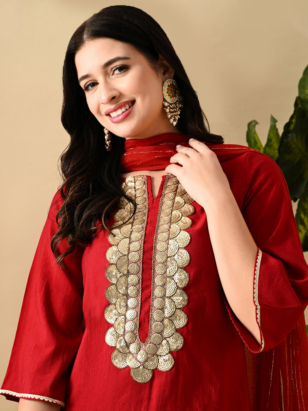 Myshka Women's Embroidered Keyhole Neck Bell Sleeves Kurta & Palazzos Set With Dupattas In Red Colour - Distacart