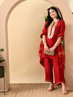 Myshka Women's Embroidered Keyhole Neck Bell Sleeves Kurta & Palazzos Set With Dupattas In Red Colour - Distacart