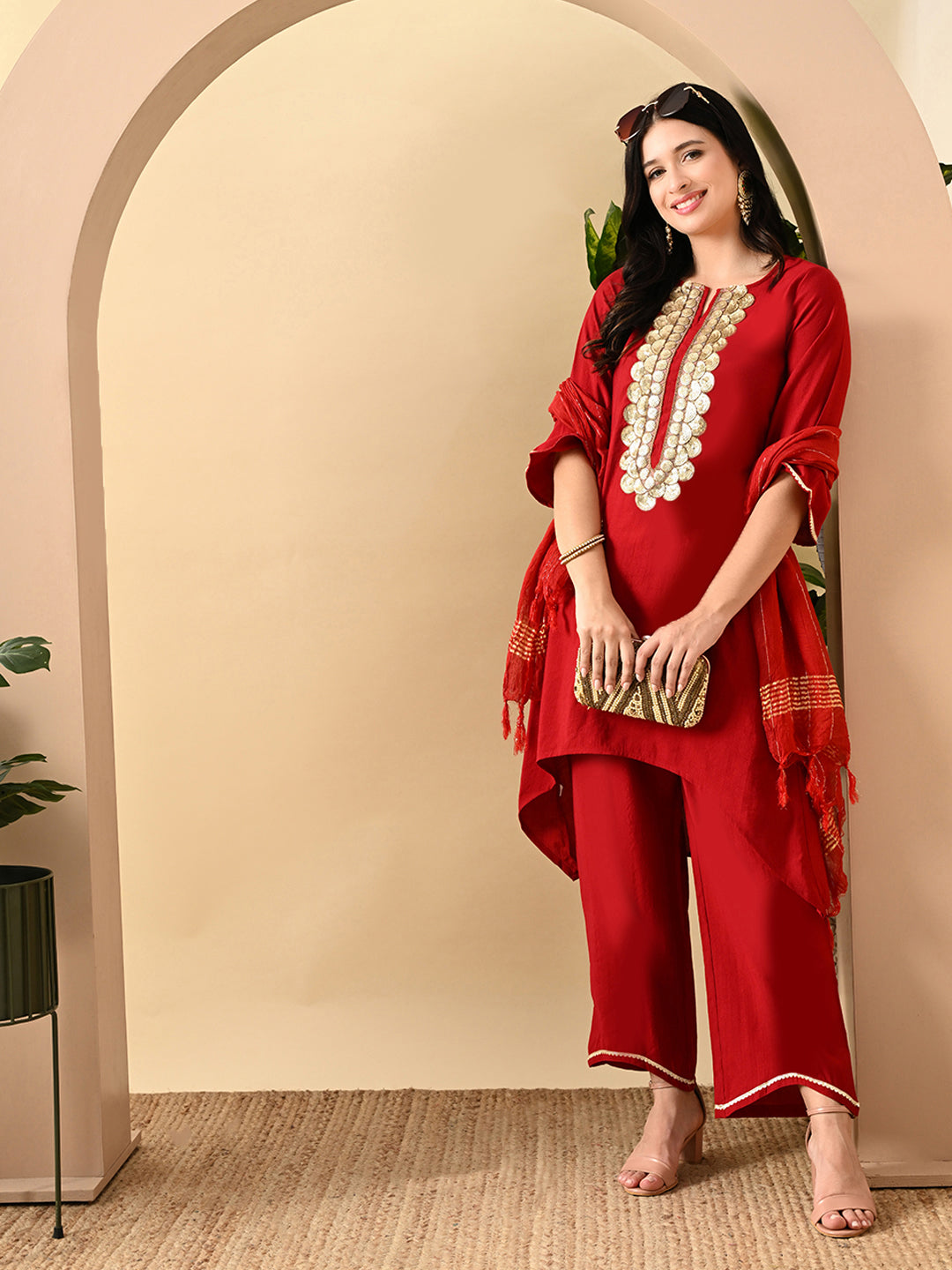 Myshka Women's Embroidered Keyhole Neck Bell Sleeves Kurta & Palazzos Set With Dupattas In Red Colour - Distacart
