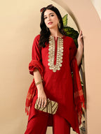 Myshka Women's Embroidered Keyhole Neck Bell Sleeves Kurta & Palazzos Set With Dupattas In Red Colour - Distacart