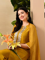 Myshka Women's Embroidered Keyhole Neck Bell Sleeves Kurta & Palazzos Set With Dupattas In Mustard Colour