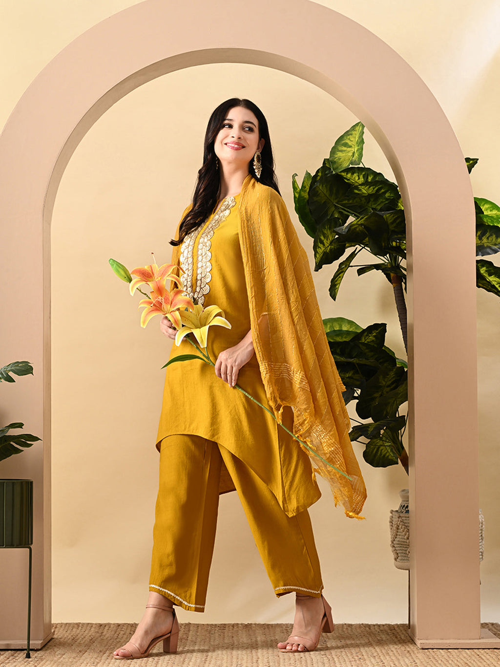 Myshka Women's Embroidered Keyhole Neck Bell Sleeves Kurta & Palazzos Set With Dupattas In Mustard Colour