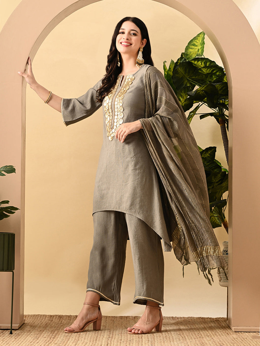 Myshka Women's Embroidered Keyhole Neck Bell Sleeves Kurta & Palazzos Set With Dupattas In Grey Colour