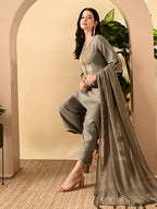 Myshka Women's Embroidered Keyhole Neck Bell Sleeves Kurta & Palazzos Set With Dupattas In Grey Colour