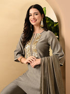 Myshka Women's Embroidered Keyhole Neck Bell Sleeves Kurta & Palazzos Set With Dupattas In Grey Colour