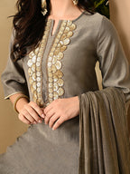 Myshka Women's Embroidered Keyhole Neck Bell Sleeves Kurta & Palazzos Set With Dupattas In Grey Colour