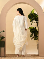 Myshka Women's Embroidered Keyhole Neck Bell Sleeves Kurta & Palazzos Set With Dupattas In White Colour
