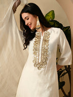 Myshka Women's Embroidered Keyhole Neck Bell Sleeves Kurta & Palazzos Set With Dupattas In White Colour