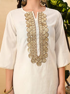 Myshka Women's Embroidered Keyhole Neck Bell Sleeves Kurta & Palazzos Set With Dupattas In White Colour