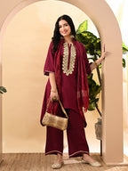 Myshka Women's Embroidered Keyhole Neck Bell Sleeves Kurta & Palazzos Set With Dupattas In Magenta Colour