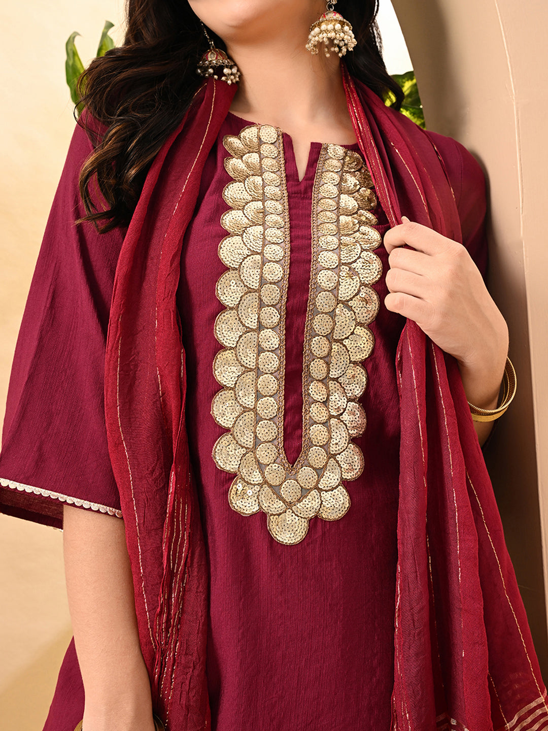 Myshka Women's Embroidered Keyhole Neck Bell Sleeves Kurta & Palazzos Set With Dupattas In Magenta Colour