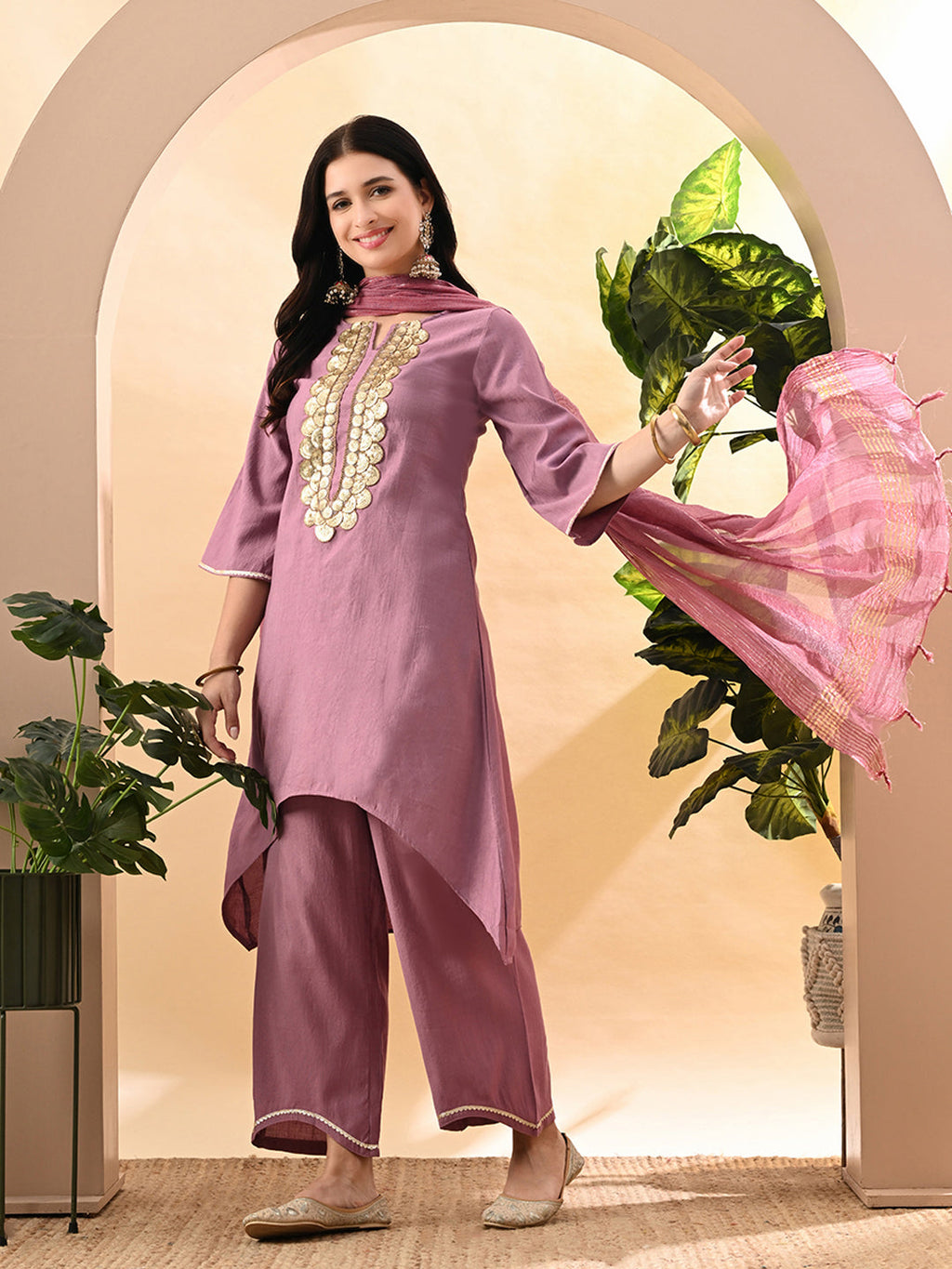 Myshka Women's Embroidered Keyhole Neck Bell Sleeves Kurta & Palazzos Set With Dupattas In Lavender Colour