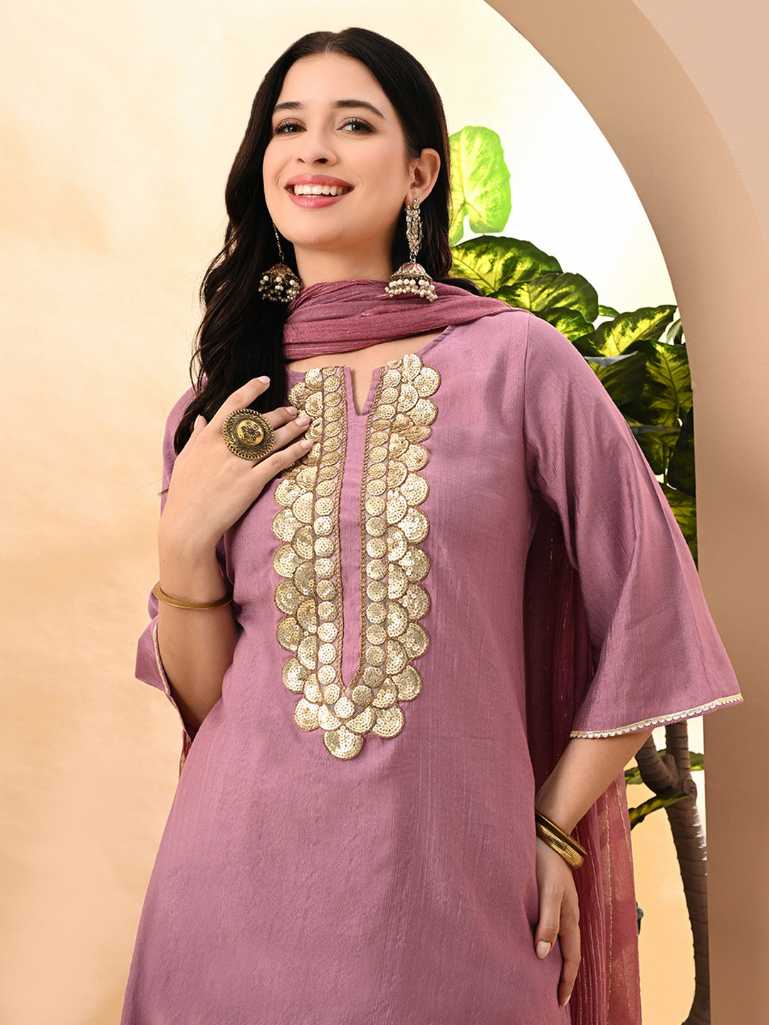 Myshka Women's Embroidered Keyhole Neck Bell Sleeves Kurta & Palazzos Set With Dupattas In Lavender Colour