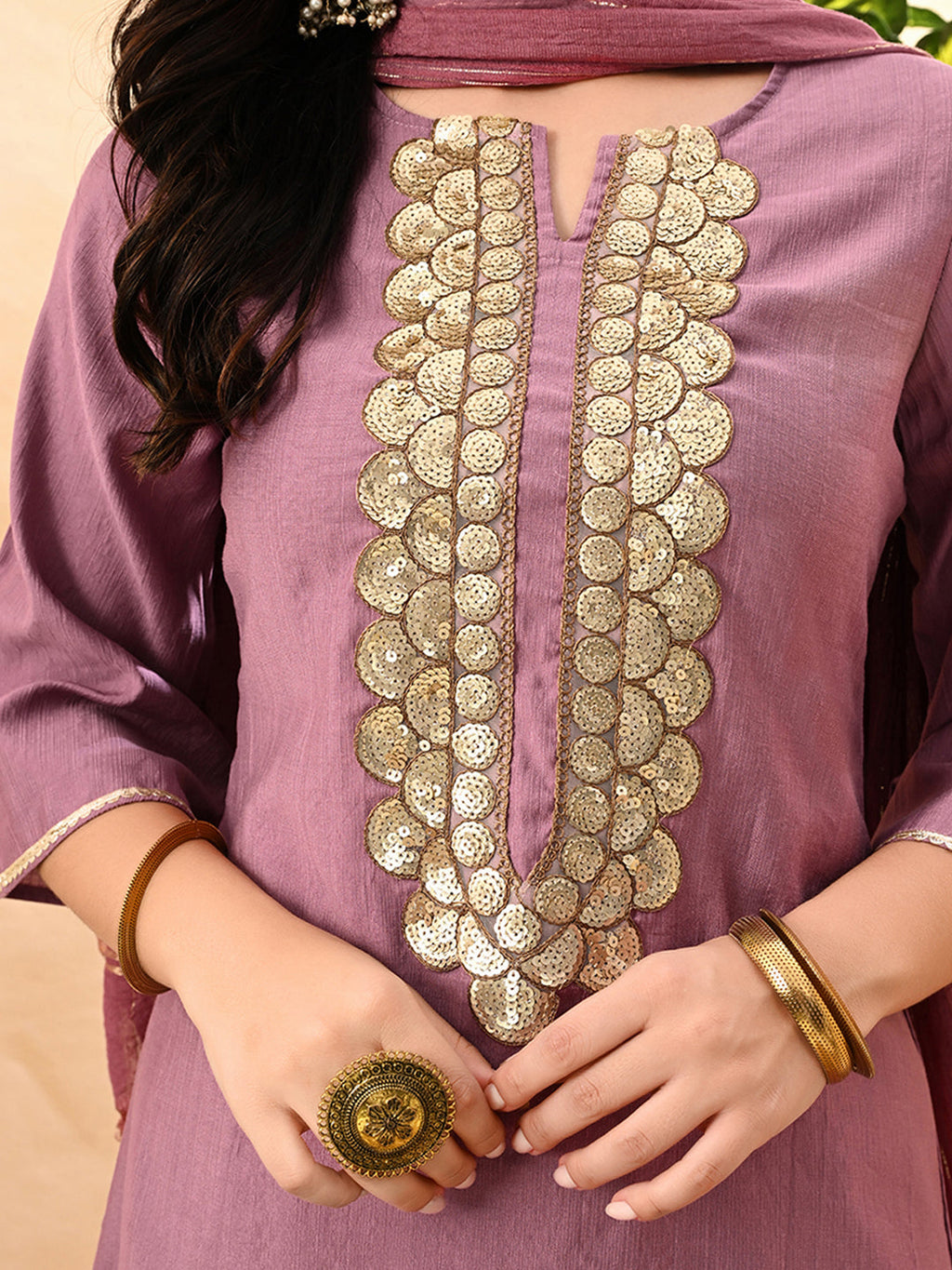 Myshka Women's Embroidered Keyhole Neck Bell Sleeves Kurta & Palazzos Set With Dupattas In Lavender Colour