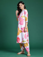 Indo Era White Printed Straight Kurta Trousers Set - Distacart