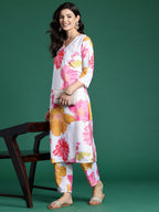 Indo Era White Printed Straight Kurta Trousers Set - Distacart