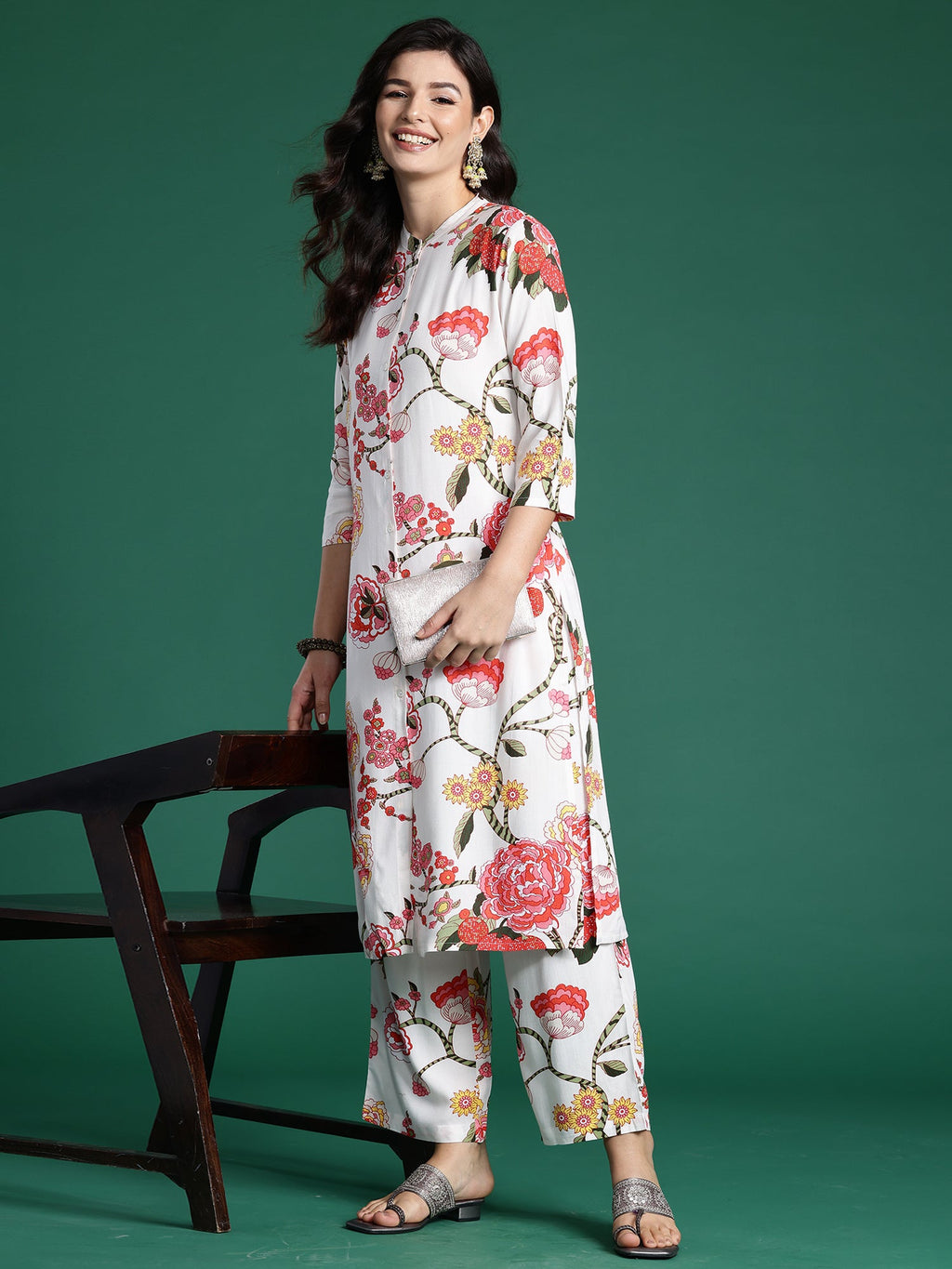 Indo Era White Printed Straight Kurta Palazzos Set