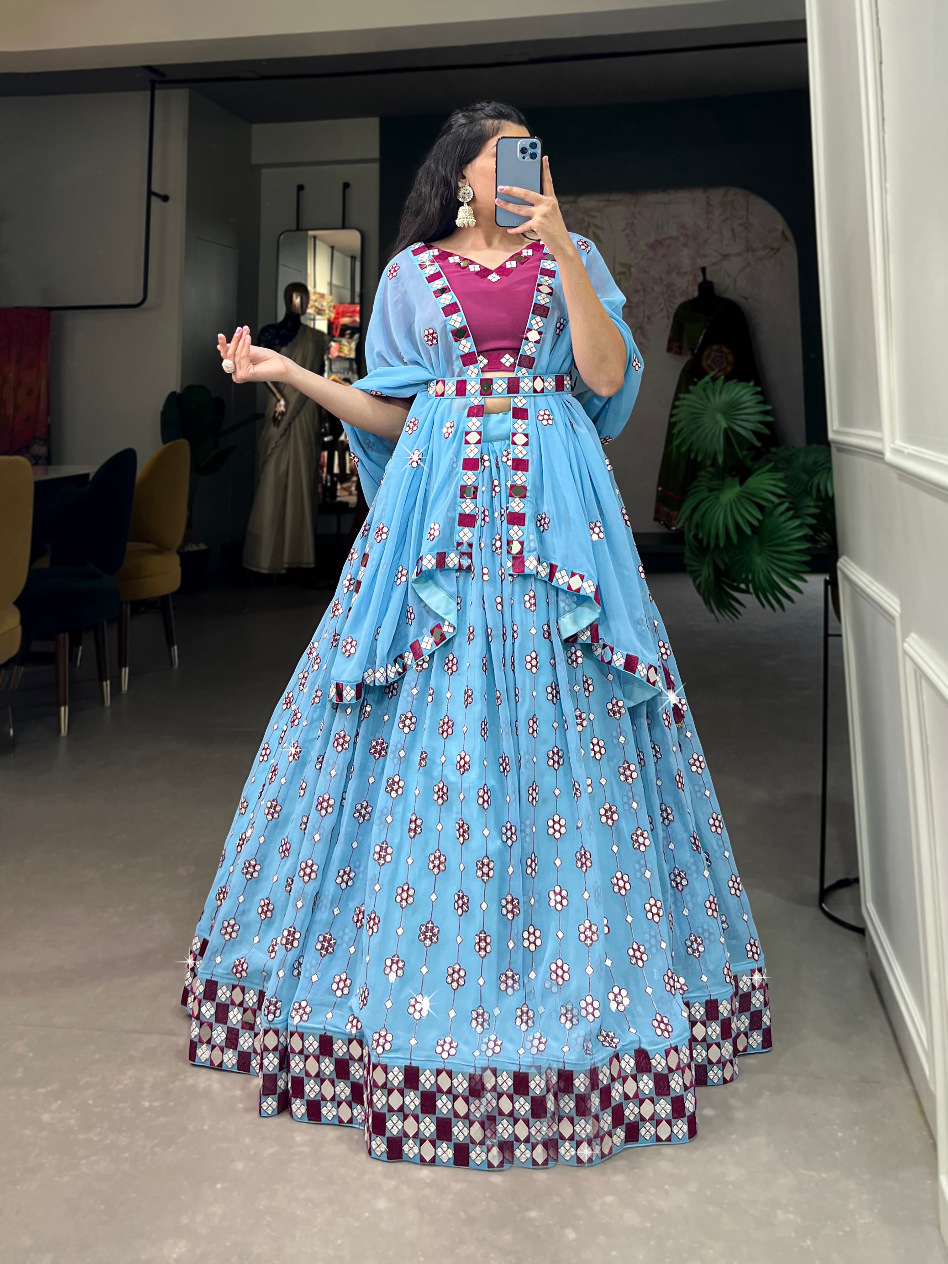 Lorenvalley Sky Blue Georgette Sequins and embroidery With Mirror Work Lehenga Choli with Dupatta