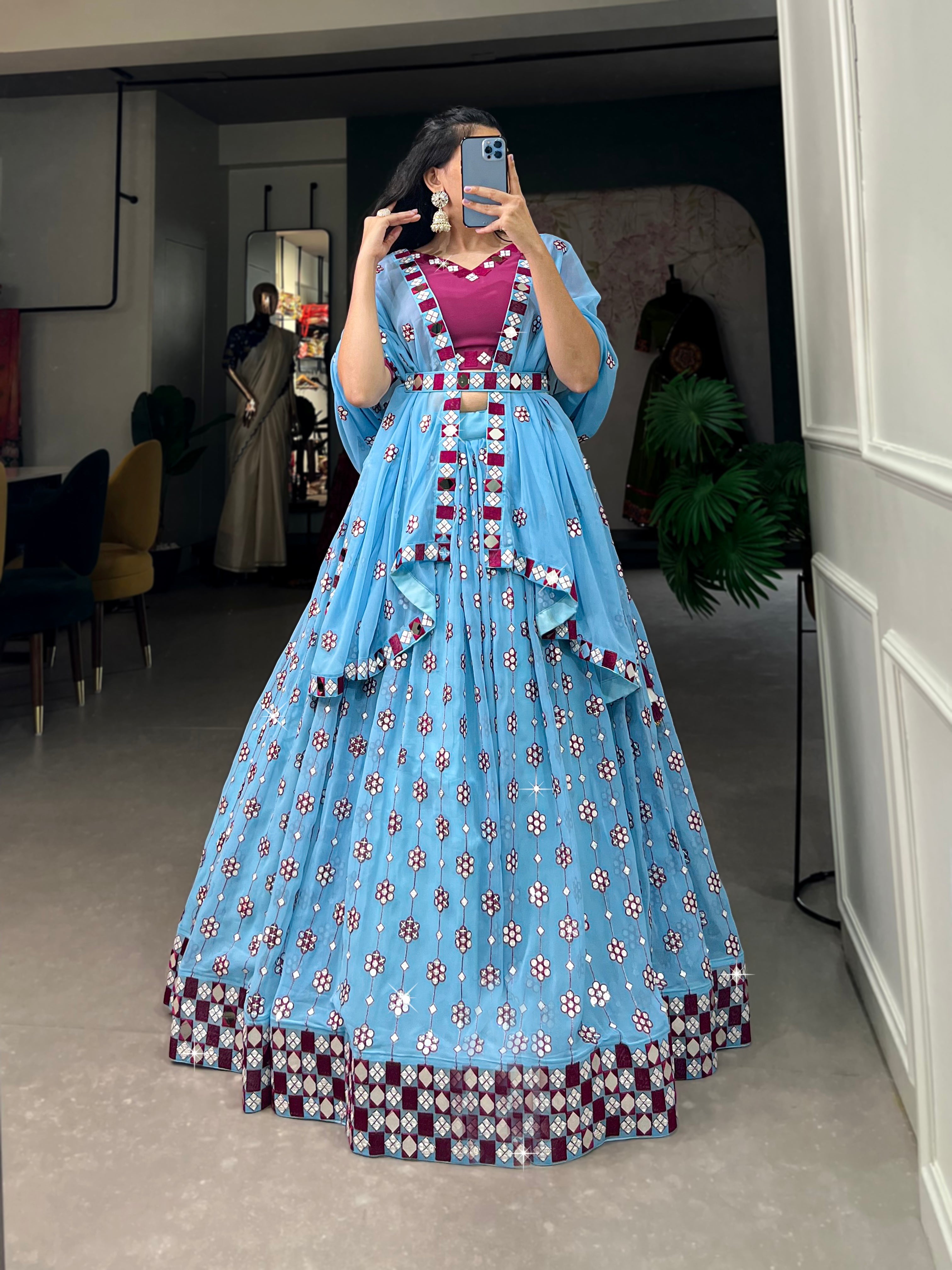 Lorenvalley Sky Blue Georgette Sequins and embroidery With Mirror Work Lehenga Choli with Dupatta