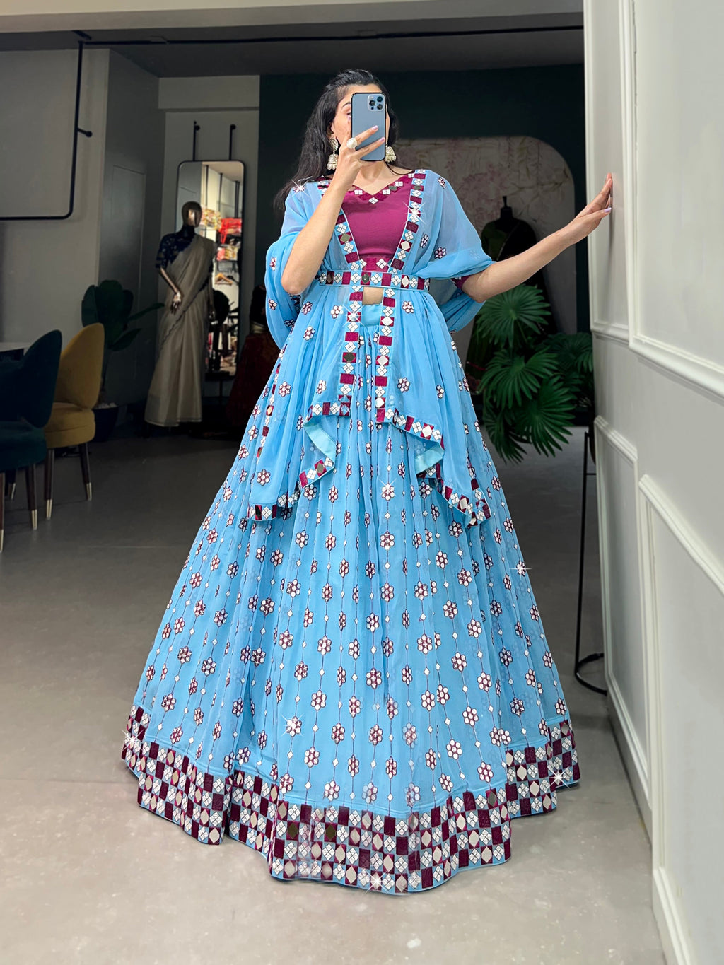 Lorenvalley Sky Blue Georgette Sequins and embroidery With Mirror Work Lehenga Choli with Dupatta