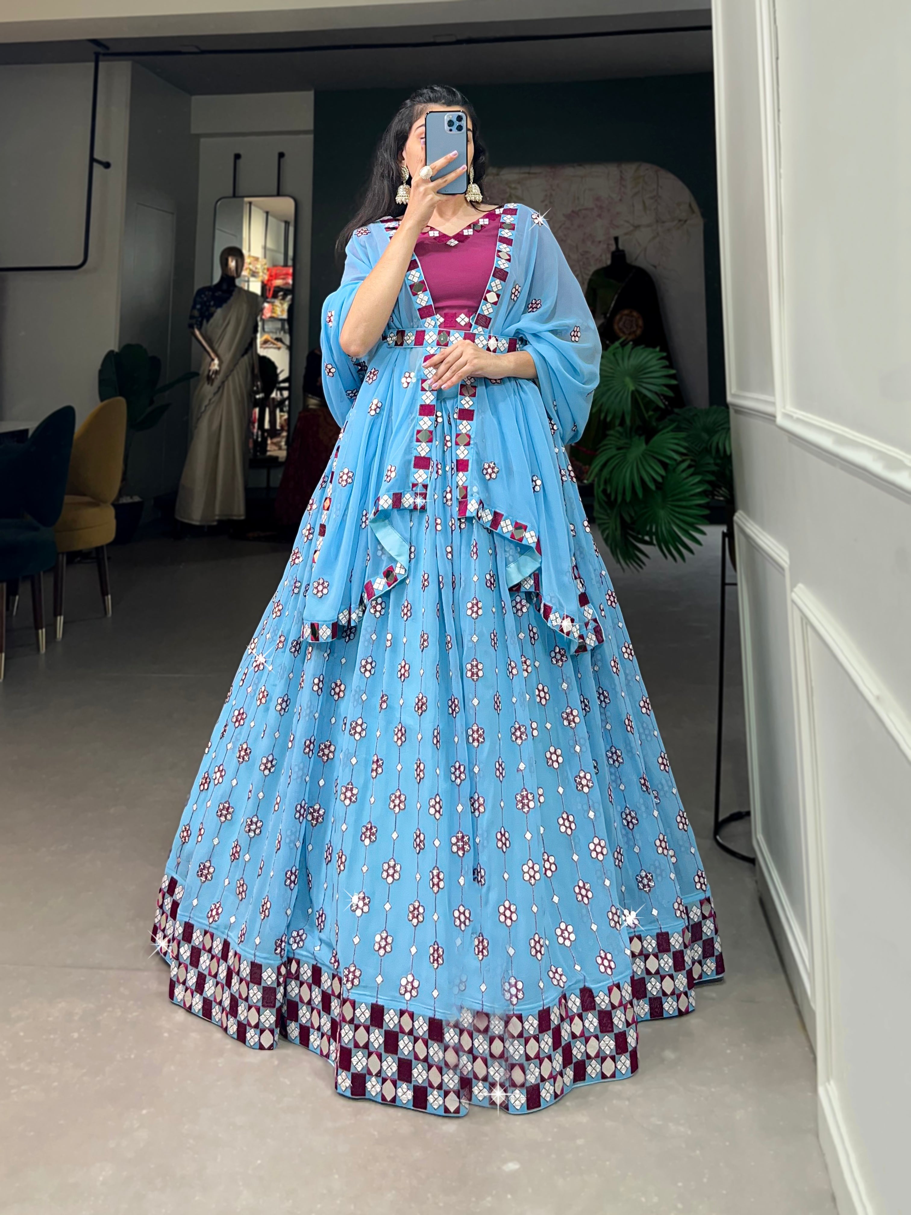 Lorenvalley Sky Blue Georgette Sequins and embroidery With Mirror Work Lehenga Choli with Dupatta