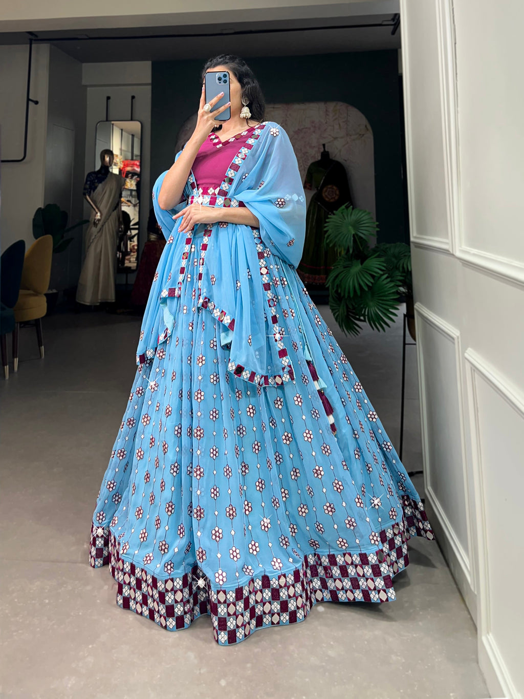 Lorenvalley Sky Blue Georgette Sequins and embroidery With Mirror Work Lehenga Choli with Dupatta