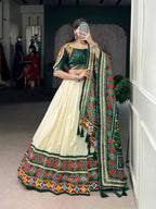 Lorenvalley Fashion Offwhite Tasar Silk Patola Print With Foil Work And Real Mirror Gamthi Work With Lace Touch Up Lehenga Choli with Dupatta