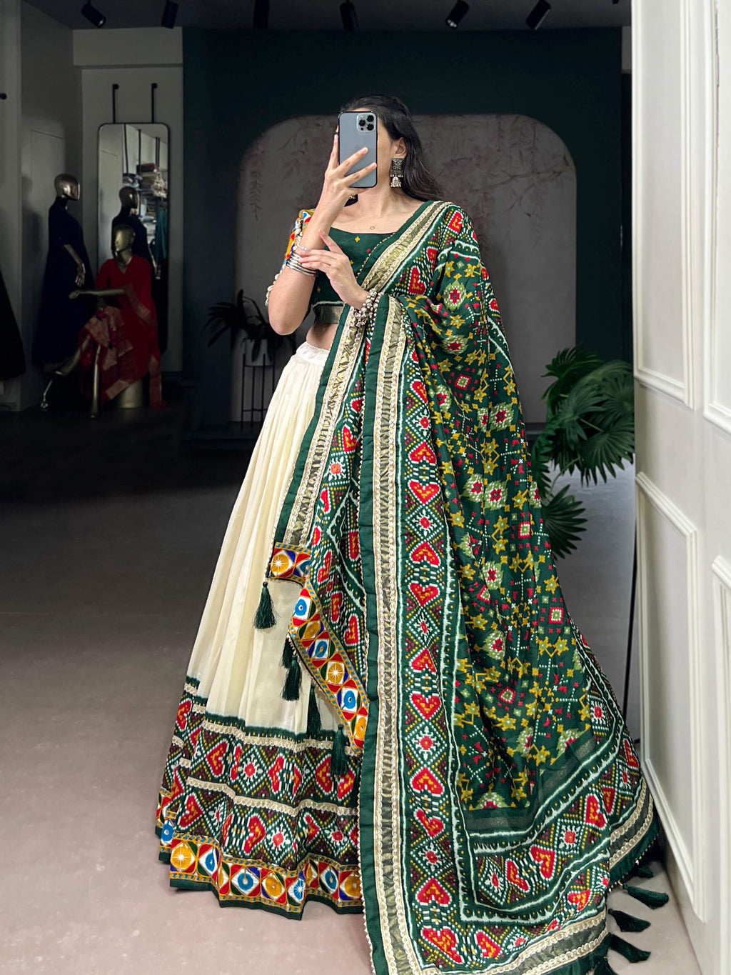 Lorenvalley Fashion Offwhite Tasar Silk Patola Print With Foil Work And Real Mirror Gamthi Work With Lace Touch Up Lehenga Choli with Dupatta