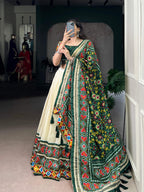 Lorenvalley Fashion Offwhite Tasar Silk Patola Print With Foil Work And Real Mirror Gamthi Work With Lace Touch Up Lehenga Choli with Dupatta