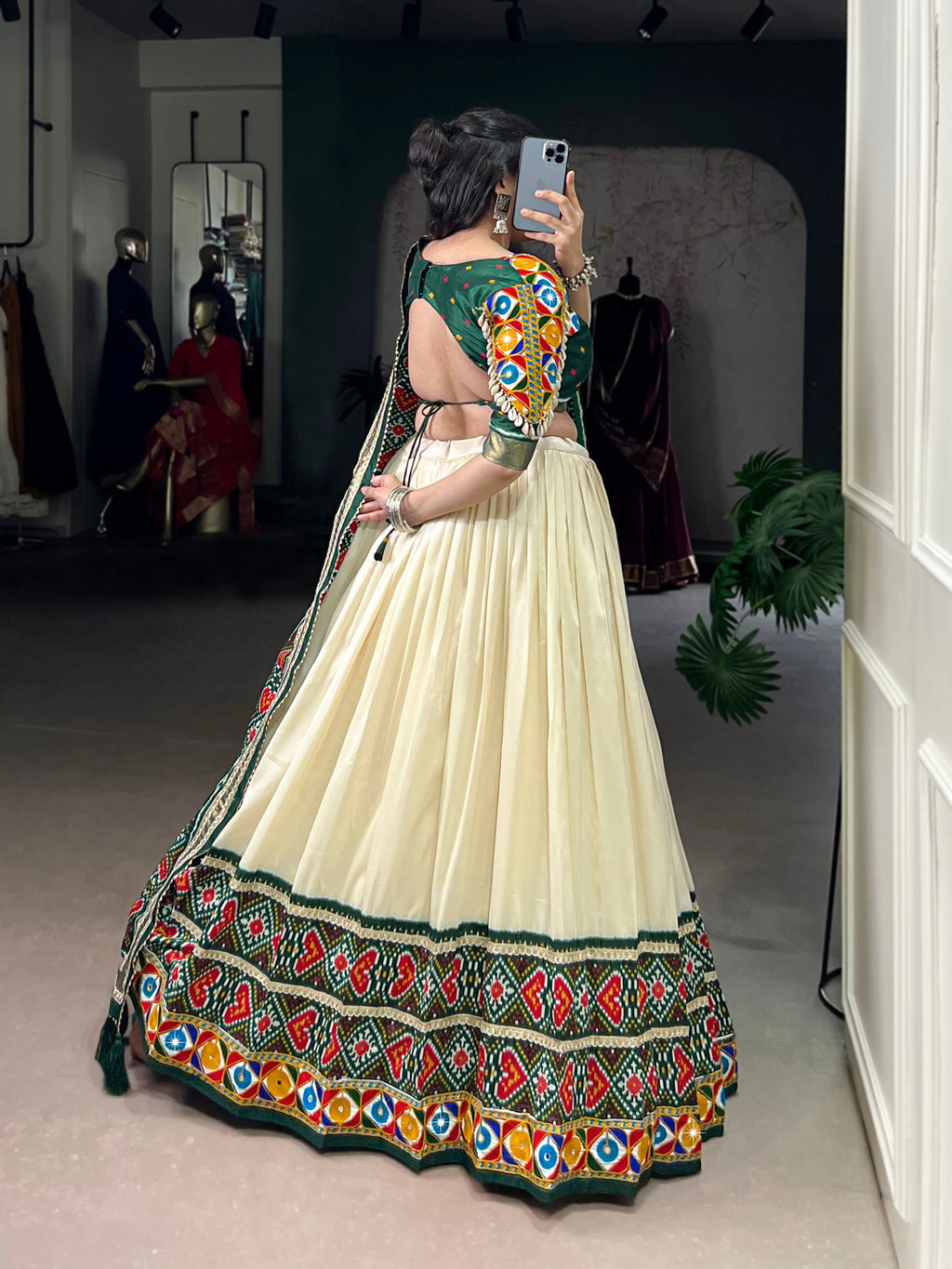 Lorenvalley Fashion Offwhite Tasar Silk Patola Print With Foil Work And Real Mirror Gamthi Work With Lace Touch Up Lehenga Choli with Dupatta